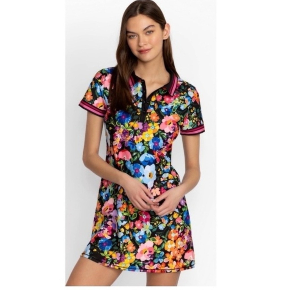 Johnny Was Bee Active Polo Tennis Dress Floral Black Multi Size L Short Sleeve
